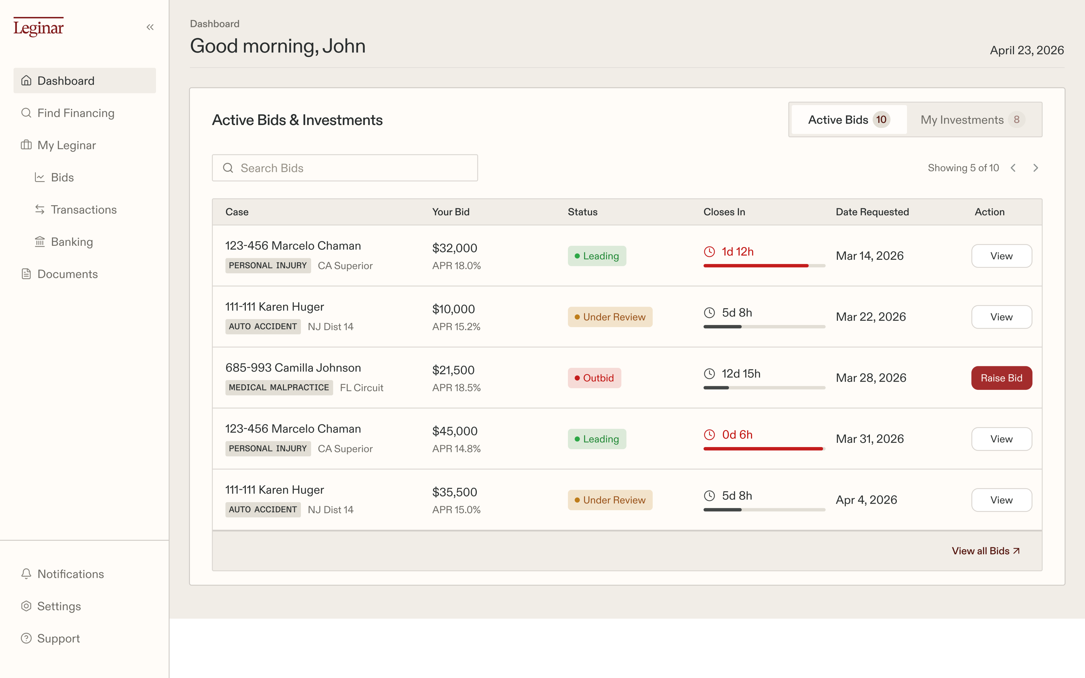 Leginar investment dashboard