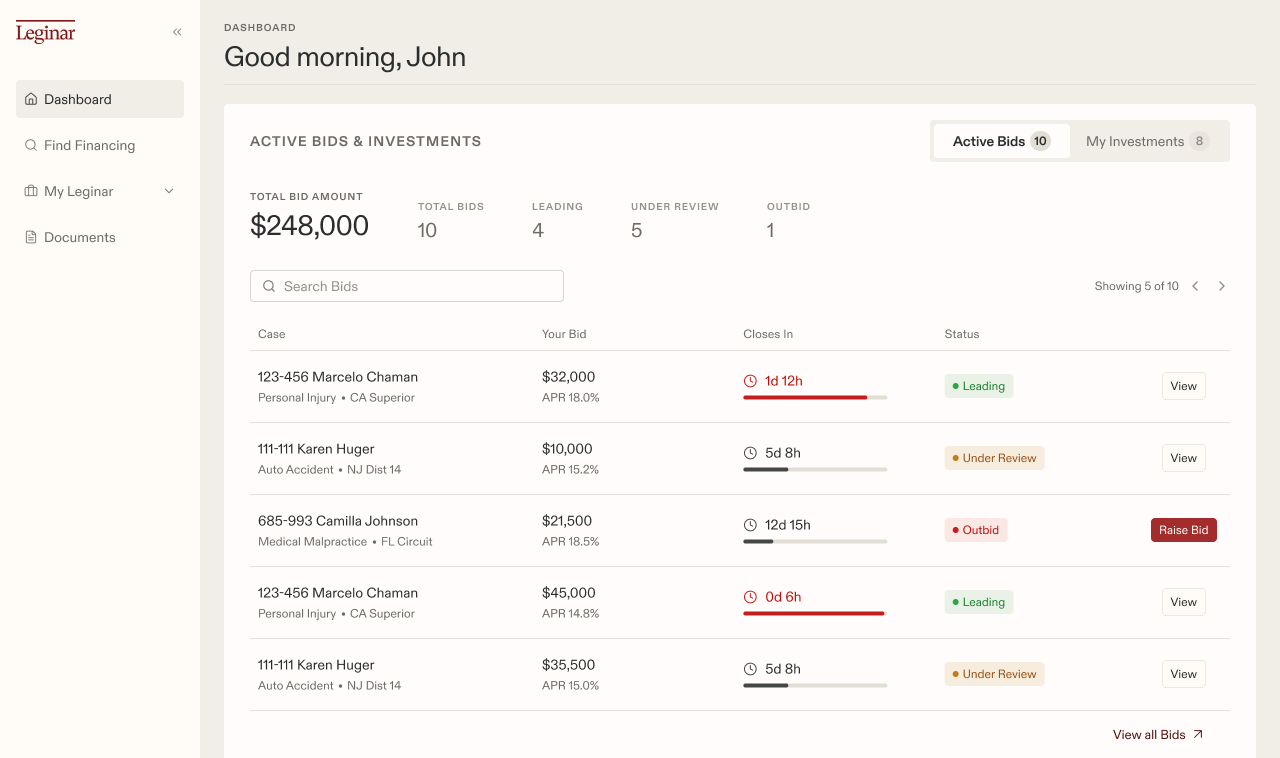 Leginar investment platform dashboard